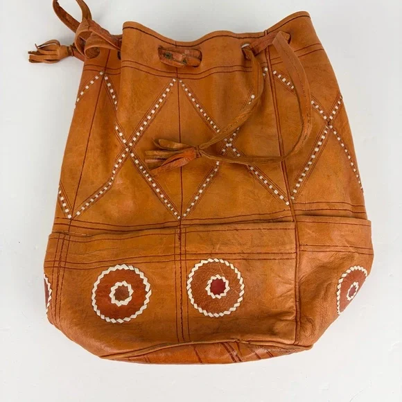 VTG Genuine Leather Drawstring Whipstitch Patchwork Bucket Bag Vintage - Picture 6 of 12